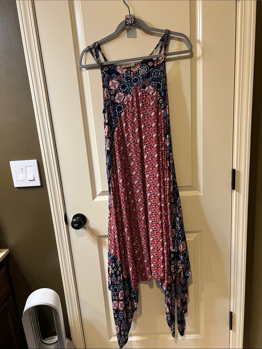 Altar'd State Navy and Red Mixed-Print Asymmetrical Dress H357